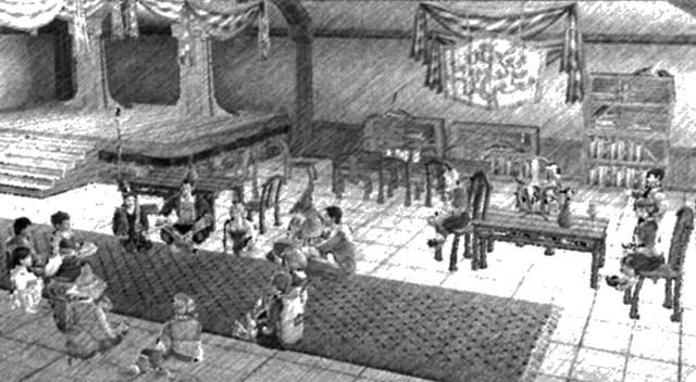 Zeichnung von den Gästen des Stammtischs beim Spiel "Wahrheit und Schabernack"