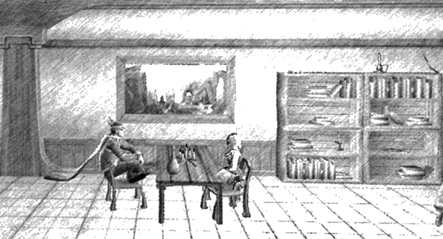 Zeichnung von Kyanita und Shahn an einem der Tische im Efeubusch
