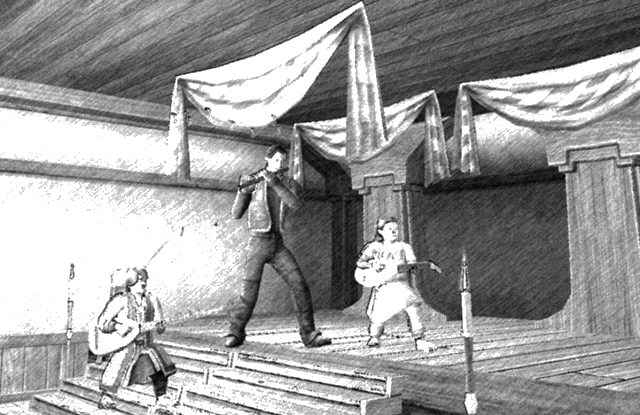 Zeichnung von Mispel, Willdoc und Shahn auf der Bühne des Efeubuschs
